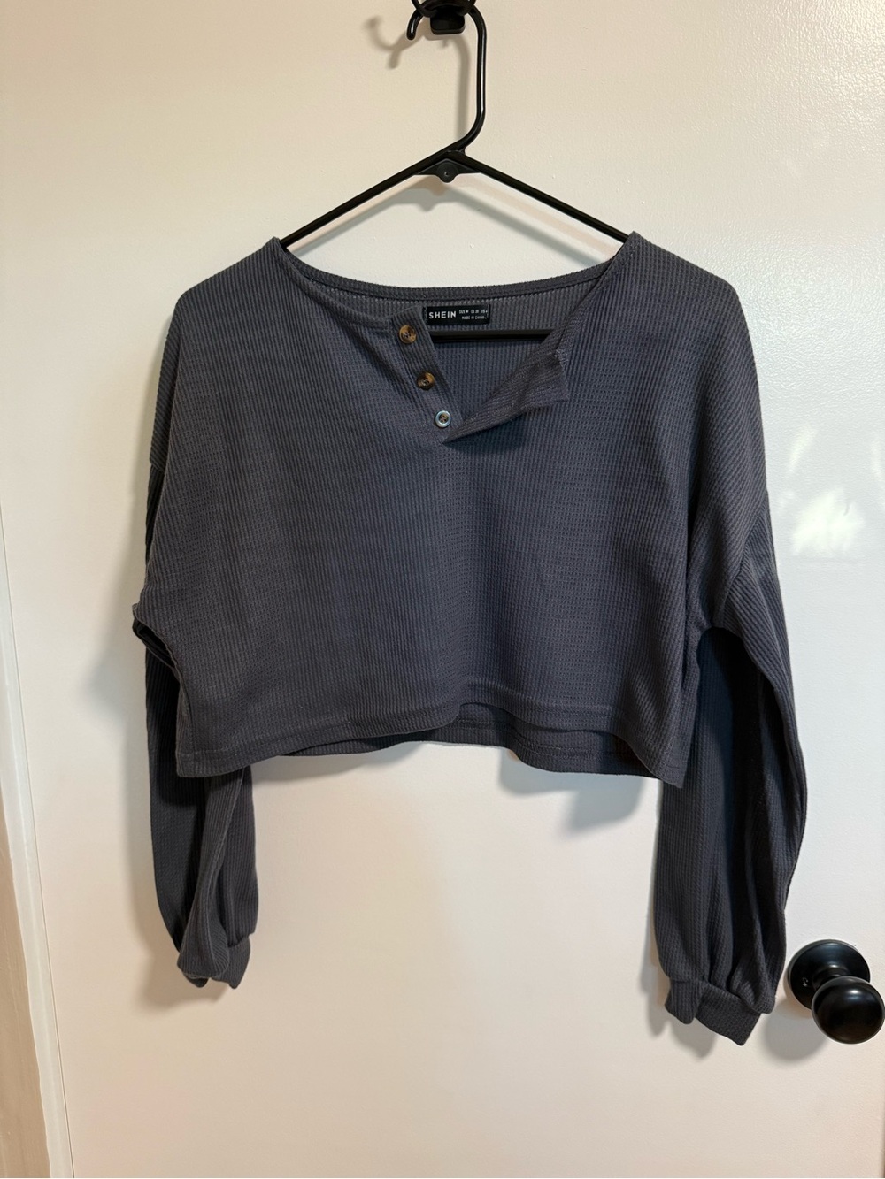 SHEIN Charcoal Cropped Waffle Knit Long-Sleeve Top with Button Notch